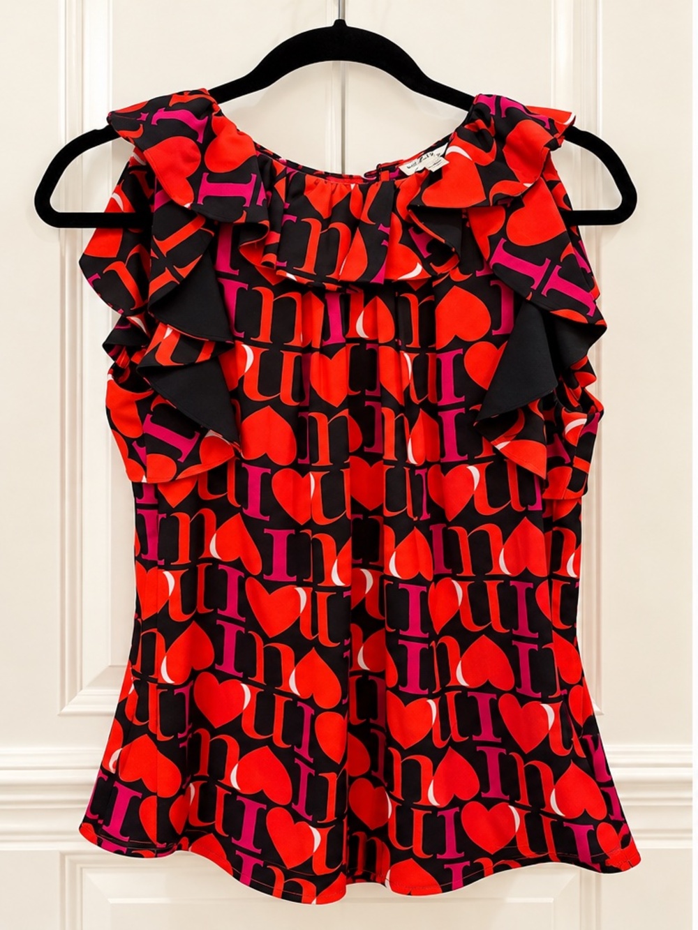 Milly New York Red Pink Black Heart Print Ruffle Top Size 4